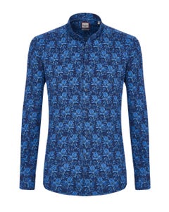 Camicia trendy blu con fantasia floreale, extra slim collo coreana_0